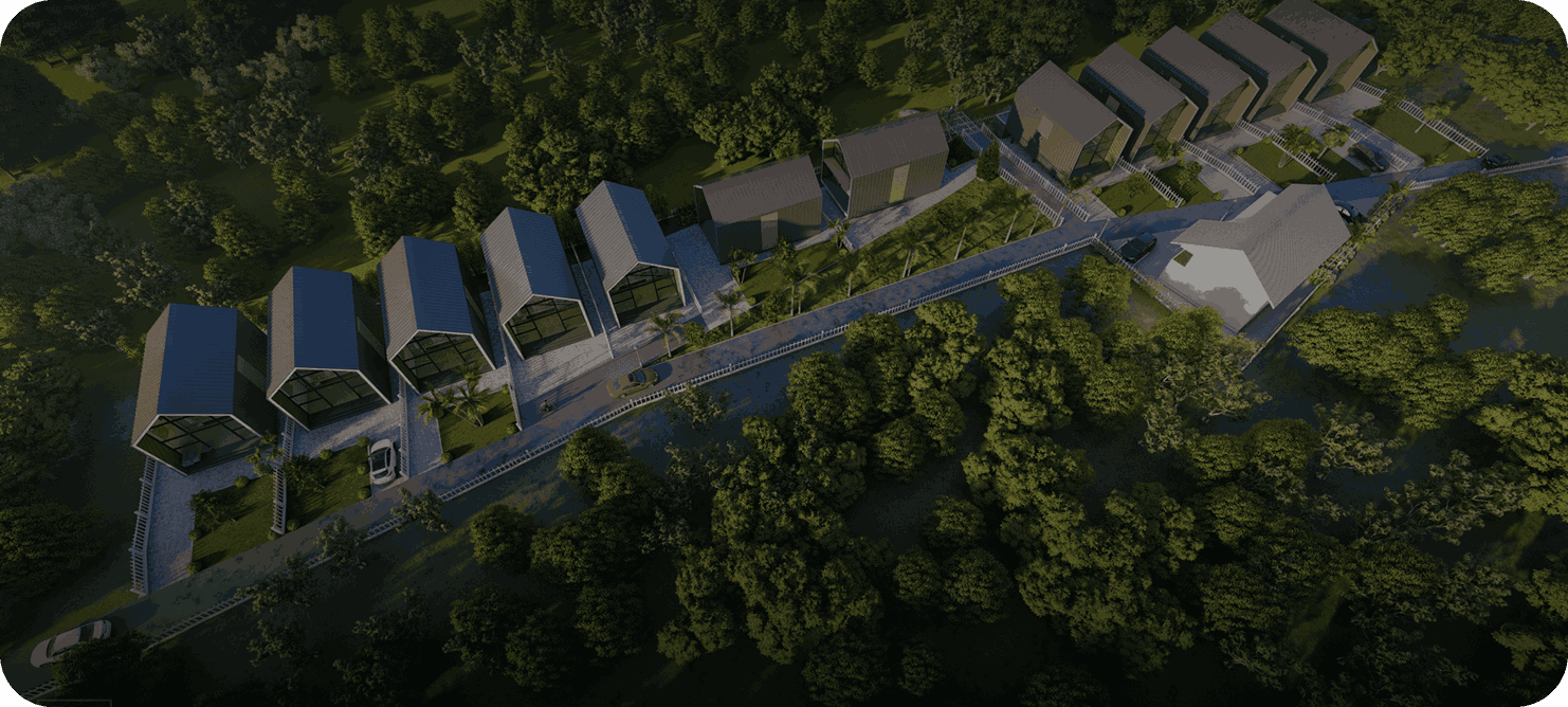 Barn-style houses in landscape