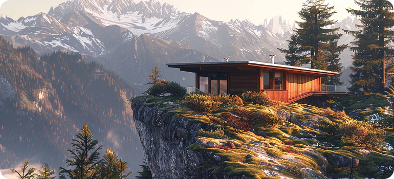 Modern wooden house on cliff